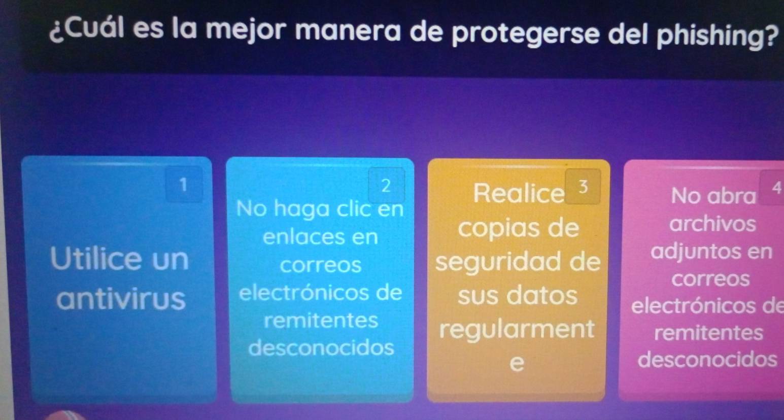 ¿Cuál es la mejor manera de protegerse del phishing?
1
2
Realice 3 No abra 4
No haga clic en
enlaces en
copias de archivos
Utilice un seguridad de adjuntos en
correos
correos
antivirus electrónicos de sus datos electrónicos de
remitentes
regularment remitentes
desconocidos
2
desconocidos