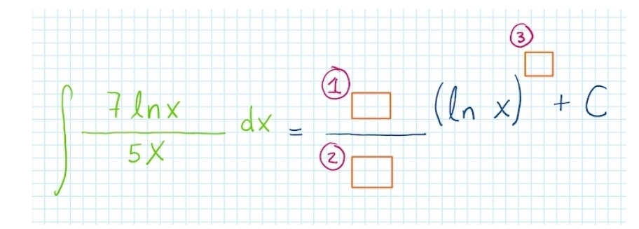 ∈t  7ln x/5x dx=frac boxed 2(ln x(ln e)(ln x)^□ +C