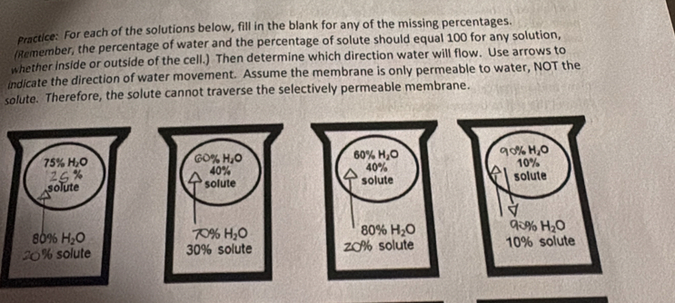 Practice: For each of the solutions below, fill in the blank for any of the missing percentages.
(Remember, the percentage of water and the percentage of solute should equal 100 for any solution,
whether inside or outside of the cell.) Then determine which direction water will flow. Use arrows to
indicate the direction of water movement. Assume the membrane is only permeable to water, NOT the
solute. Therefore, the solute cannot traverse the selectively permeable membrane.