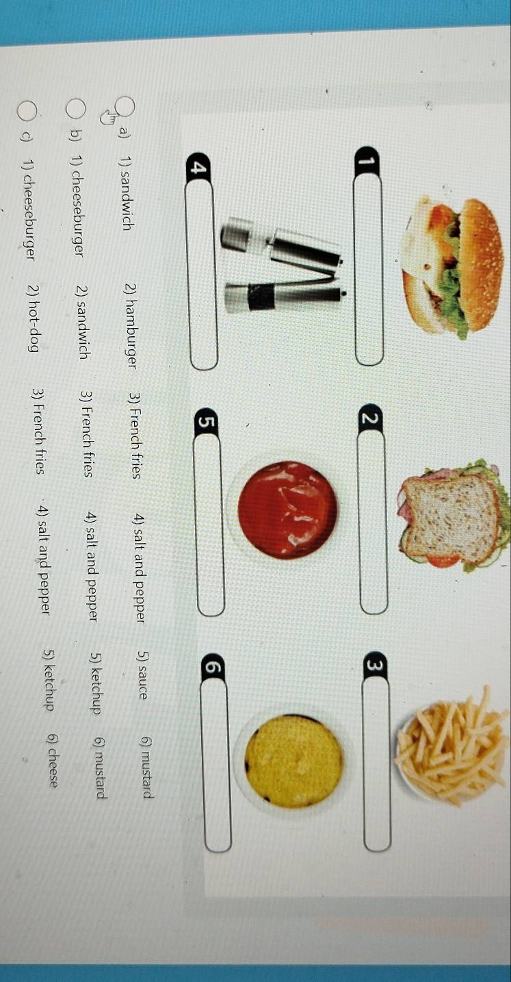 a 
a 
3
5
6 
4 
a) 1) sandwich 2) hamburger 3) French fries 4) salt and pepper 5) sauce 6) mustard 
b) 1) cheeseburger 2) sandwich 3) French fries 4) salt and pepper 5) ketchup 6) mustard 
c) 1) cheeseburger 2) hot-dog 3) French fries 4) salt and pepper 5) ketchup 6) cheese