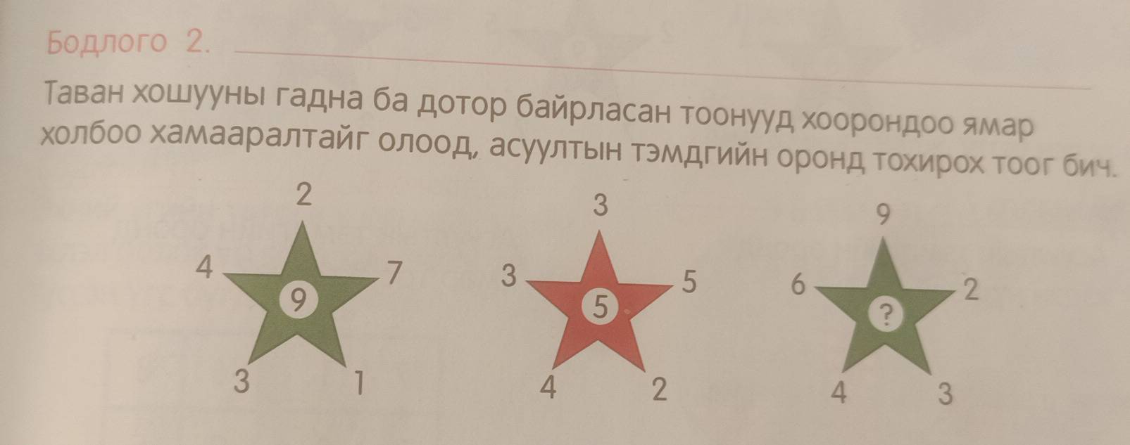 Бодлогo 2. 
Таван хошууны гадна ба доοίтор байрласан тоонууд хоеорίоендооδямар 
холбоо хамааралтайг олоод, асуултьн Τэмдгийн оронд Τοхиηрίох Τоог бич.