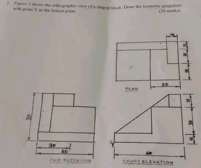 Figure 2 shows the orthographic view of a shaped block. Draw the isometric projection 
with point Y as the lowest point. (20 marks)