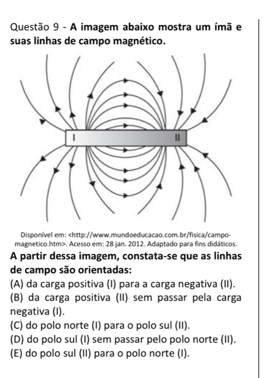 A imagem abaixo mostra um ímã e
suas linhas de campo magnético.
Disponível em:. Acesso em: 28 jan. 2012. Adaptado para fins didáticos.
A partir dessa imagem, constata-se que as linhas
de campo são orientadas:
(A) da carga positiva (I) para a carga negativa (II).
(B) da carga positiva (II) sem passar pela carga
negativa (I).
(C) do polo norte (I) para o polo sul (II).
(D) do polo sul (I) sem passar pelo polo norte (II).
(E) do polo sul (II) para o polo norte (I).