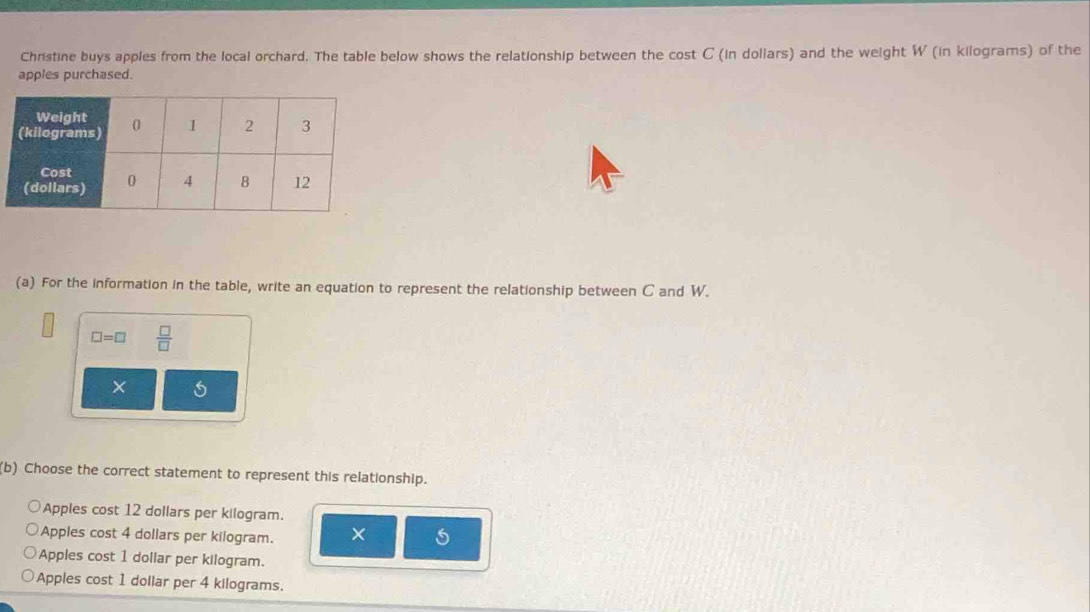 Christine buys apples from the local orchard. The table below shows the relationship between the cost C (in doliars) and the weight W (in kilograms) of the
apples purchased.
(a) For the information in the table, write an equation to represent the relationship between C and W.
□ =□  □ /□  
×
(b) Choose the correct statement to represent this relationship.
Apples cost 12 dollars per kilogram.
Apples cost 4 dollars per kilogram. ×
Apples cost 1 dollar per kilogram.
Apples cost 1 dollar per 4 kilograms.