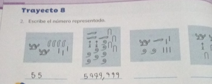 Trayecto 8 
2. Escribe el número representado. 
S — 11 1
9 ⑨ | | | 
_ 
_ 
_ 
_