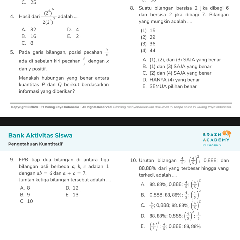 C. 25
8. Suatu bilangan bersisa 2 jika dibagi 6
4. Hasil dari frac (2^6)^62(2^6)^5 adalah .... dan bersisa 2 jika dibagi 7. Bilangan
yang mungkin adalah ....
A. 32 D. 4 (1) 15
B. 16 E. 2 (2) 29
C. 8 (3)36
5. Pada garis bilangan, posisi pecahan  9/x  (4) 44
ada di sebelah kiri pecahan  8/y  dengan x A. (1), (2), dan (3) SAJA yang benar
dan y positif. B. (1) dan (3) SAJA yang benar
C. (2) dan (4) SAJA yang benar
Manakah hubungan yang benar antara D. HANYA (4) yang benar
kuantitas P dan Q berikut berdasarkan E. SEMUA pilihan benar
informasi yang diberikan?
Copyright © 2024 - PT Ruang Raya Indonesia - All Rights Reserved. Dilarang menyebarluaskan dokumen ini tanpa seizin PT Ruang Raya Indonesia.
Bank Aktivitas Siswa BRAIN
ACADEMY
Pengetahuan Kuantitatif By Ruangguru
9. FPB tiap dua bilangan di antara tiga 10. Urutan bilangan  4/5 ;( 4/5 )^2; 0,888; dan
bilangan asli berbeda a, b, c adalah 1 88,88% dari yang terbesar hingga yang
dengan ab=6 dan a+c=7. terkecil adalah ....
Jumlah ketiga bilangan tersebut adalah ....
A. 88,88% ;0,888; 4/5 ;( 4/5 )^2
A. 8 D. 12
B. 9 E. 13 B. 0,888;88,88% ; 4/5 ;( 4/5 )^2
C. 10
C.  4/5 ;0,888;88,88% ;( 4/5 )^2
D. 88,88% ;0,888;( 4/5 )^2; 4/5 
E. ( 4/5 )^2; 4/5 ;0,888;88,88%