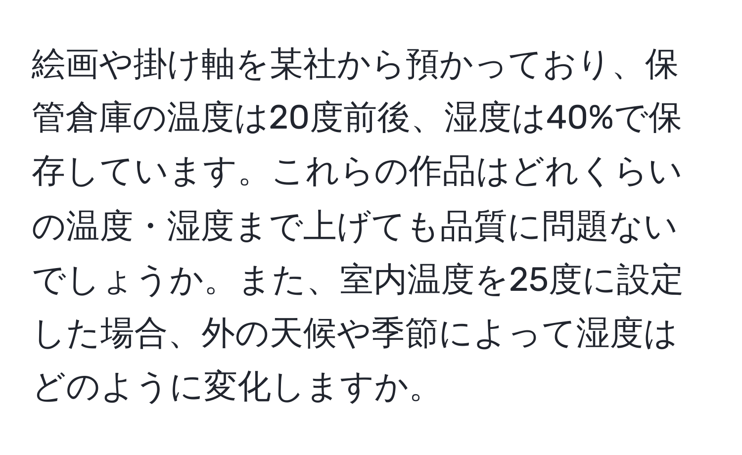 絵画や掛け軸を某社から預かっており、保管倉庫の温度は20度前後、湿度は40%で保存しています。これらの作品はどれくらいの温度・湿度まで上げても品質に問題ないでしょうか。また、室内温度を25度に設定した場合、外の天候や季節によって湿度はどのように変化しますか。