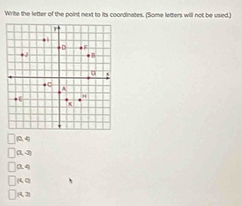 Write the letter of the point next to its coordinates. (Some letters will not be used.)
(0,4)
(3,3)
(3,4)
(4,0)
43