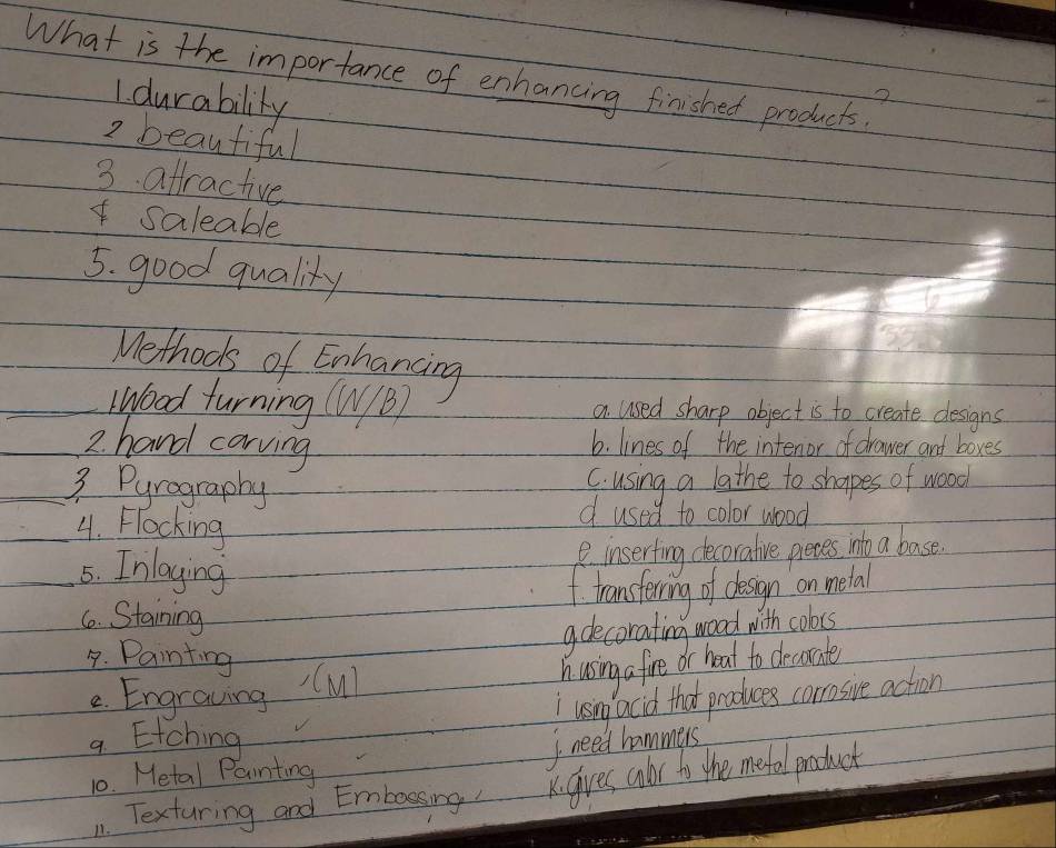 What is the importance of enhancing finished products.
1. durability
2 beautiful
3. aftractive
saleable
5. good quality
lo
Methods of Enhancing
_ood furning (W/B) a used sharp object is to create designs
_2. hand carving
6. lines of the intenor of drawer and boxes
_3 Pyrography C. using a lathe to shapes of wood
_4. Hlocking
d used to color wood
_5. Inlaying
einserfing decoraive preces into a base.
6. Staining f transtering of desgn on metal
g decorating wood with cobus
9. Painting
e. Engraving (M)
h using a fire or heal to decorate
a Etching √ I usng acid that produces corrosive action
I need hammers
10. Metal Painting
1. Texturing and Emboesing! xgires calbr to the metal product