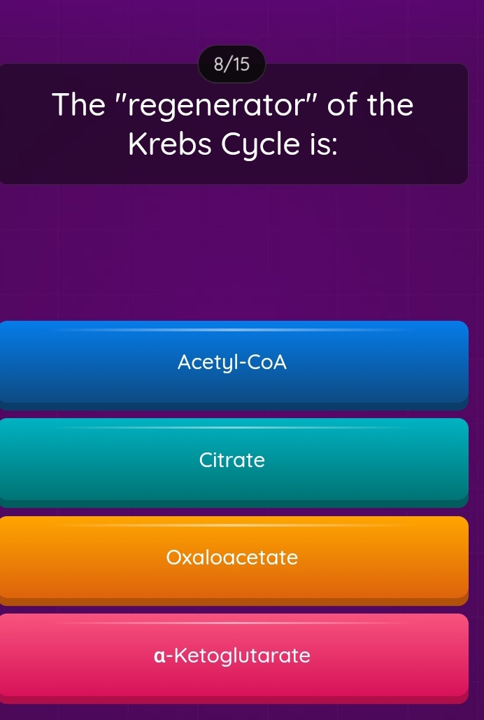 8/15
The ''regenerator'' of the
Krebs Cycle is:
Acetyl-CoA
Citrate
Oxaloacetate
a-Ketoglutarate