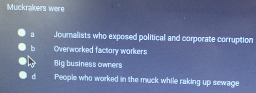 Muckrakers were
a Journalists who exposed political and corporate corruption
b Overworked factory workers
Big business owners
d People who worked in the muck while raking up sewage