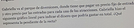 Gabriella va al parque de diversiones, donde tiene que pagar un precio fijo de entrad. 
y otro precio por las entradas para cada una de las atracciones. Gabriella hizo el 
siguiente gráfico lineal para indicar el dinero que podría gastar en total. ¿Qué 
representa la pendiente de la recta?