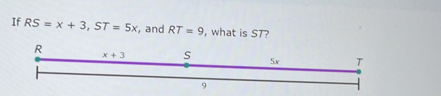 If RS=x+3,ST=5x , and RT=9 , what is ST?