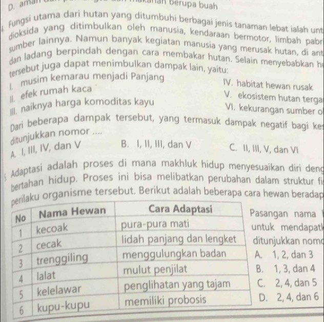 Kanan berupa buah
Fungsi utama darì hutan yang ditumbuhi berbagai jenis tanaman lebat ialah unt
dioksida yang ditimbulkan oleh manusia, kendaraan bermotor, limbah pabr
sumber lainnya. Namun banyak kegiatan manusia yang merusak hutan, di ant
dan ladang berpindah dengan cara membakar hutan. Selain menyebabkan h
tersebut juga dapat menimbulkan dampak lain, yaitu:
I. musim kemarau menjadi Panjang
IV. habitat hewan rusak
II. efek rumah kaca
V. ekosistem hutan terga
||I. naiknya harga komoditas kayu
VI. kekurangan sumber o
Dari beberapa dampak tersebut, yang termasuk dampak negatif bagi ke
ditunjukkan nomor ....
A. I, III, IV, dan V B. I, II, III, dan V C. II, III, V, dan VI
Adaptasi adalah proses di mana makhluk hidup menyesuaikan diri deng
bertahan hidup. Proses ini bisa melibatkan perubahan dalam struktur fi
ganisme tersebut. Berikut adalah beberapa cara hewan beradap
an nama
mendapat
kkan nom
2, dan 3
, 3, dan 4
, 4, dan 5
, 4, dan 6