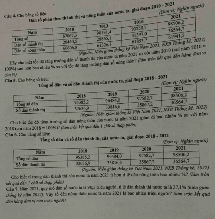oạn 2010 - 2021
hìn người)
Hãy cho biết tốc độ tăng trưởng dân số thành thị của nước ta
100%) cao hơn bao nhiều % so với tốc độ tăng trưởng dân số nông thôn? (làm tròn kết quả 
của %)
Câu 5. Cho bảng số liệu:
thành thị của nước ta, giai đoạn 2018 - 2021
(Đơn vị: Nghìn người)
Cho biết tốc độ tăng trưởng số dân nông thôn của nước ta năm 2021 giảm đỉ bao nhiêu %
2018 (coi năm 2018=100% ) ? (làm tròn kết quả đến 1 chữ số thập phân)
Câu 6. Cho bảng số liệu:
Tổng số dân và số dân thành thị của nước ta, giai đoạn 2018 - 2021
(Đơn vị: Nghìn người)
(Nguồn: Niên giám thố
Cho biết tĩ trọng dân thành thị của nước ta năm 2021 ít hơn tỉ lệ dân nông thôn bao nhiêu %? (làm tròn
kết quả đến 1 chữ số thập phân)
Câu 7. Năm 2021, quy mô dân số nước ta là 98,5 triệu người; tỉ lệ dân thành thị nước ta là 37,1% (niên giám
thống kê năm 2022). Vậy số dân nông thôn nước ta năm 2021 là bao nhiêu triệu người? (làm tròn kết quả
đến hàng đơn vị của triệu người)