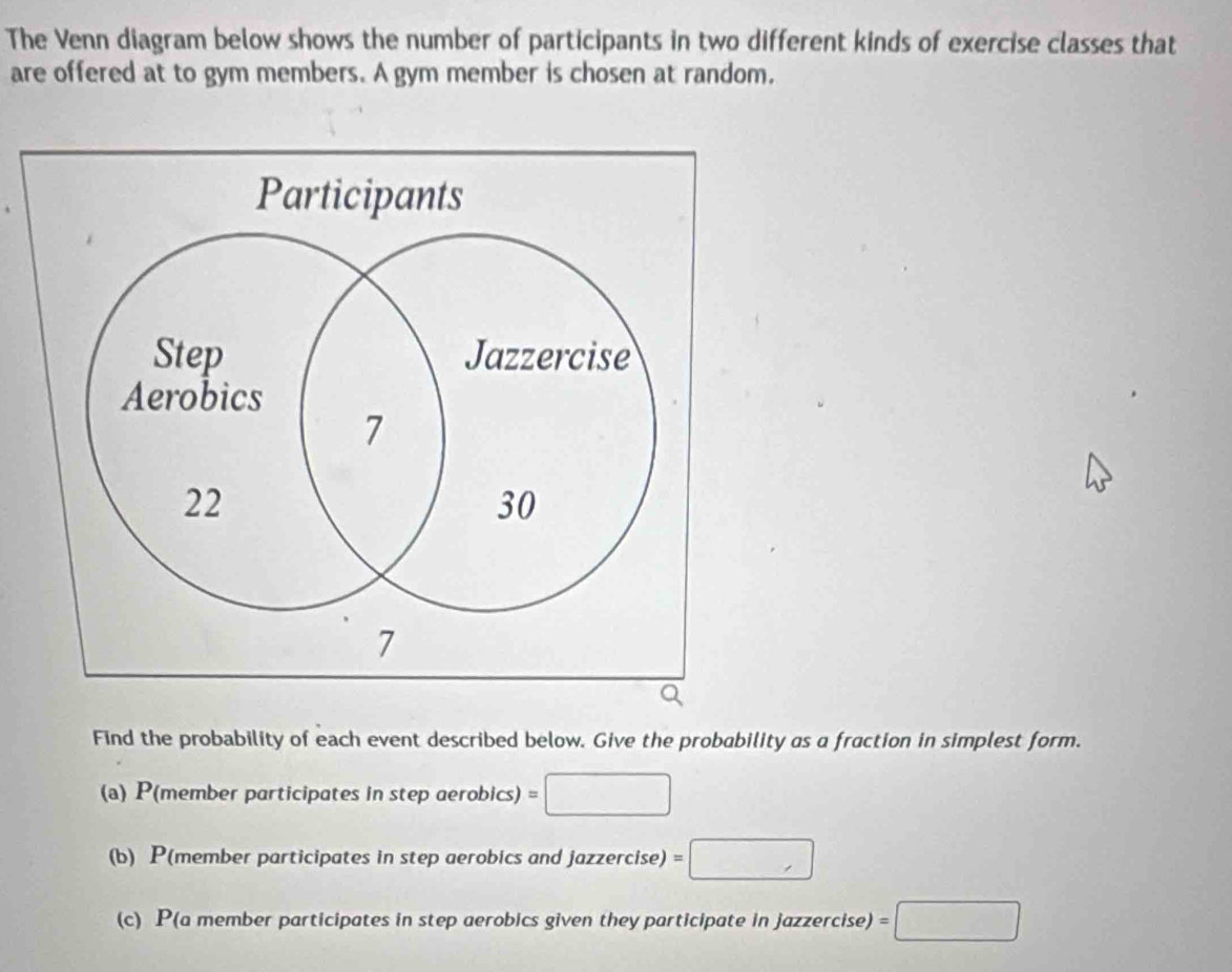 The Venn diagram below shows the number of participants in two different kinds of exercise classes that 
are offered at to gym members. A gym member is chosen at random. 
Find the probability of each event described below. Give the probability as a fraction in simplest form. 
(a) P(member participates in step aerobics) = □ 
(b) P(member participates in step aerobics and jazzercise) =□ 
(c) P(a member participates in step aerobics given they participate in jazzercise) =□