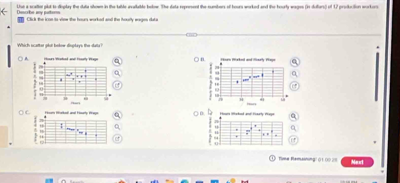 Use a scatter plot to display the data shown in the table available below. The data represent the numbers of hours worked and the hourly wages (in deflars) of 12 production workers
Describe any patterns
1 Click the icon to view the hours worked and the hourly wages data
Which scatter plot below displays the data?
A 
a Hours Worked and Hourly Vrage
29
16.. .
14
Time Remaining" (1 00 28 Next