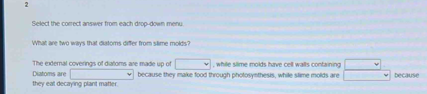 Select the correct answer from each drop-down menu. 
What are two ways that diatoms differ from slime molds? 
The external coverings of diatoms are made up of □  , while slime molds have cell walls containing 
Diatoms are because they make food through photosynthesis, while slime molds are because 
they eat decaying plant matter.