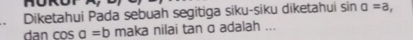 Diketahui Pada sebuah segitiga siku-siku diketahui sin alpha =a, 
dan cos alpha =b maka nilai tan a adalah ...