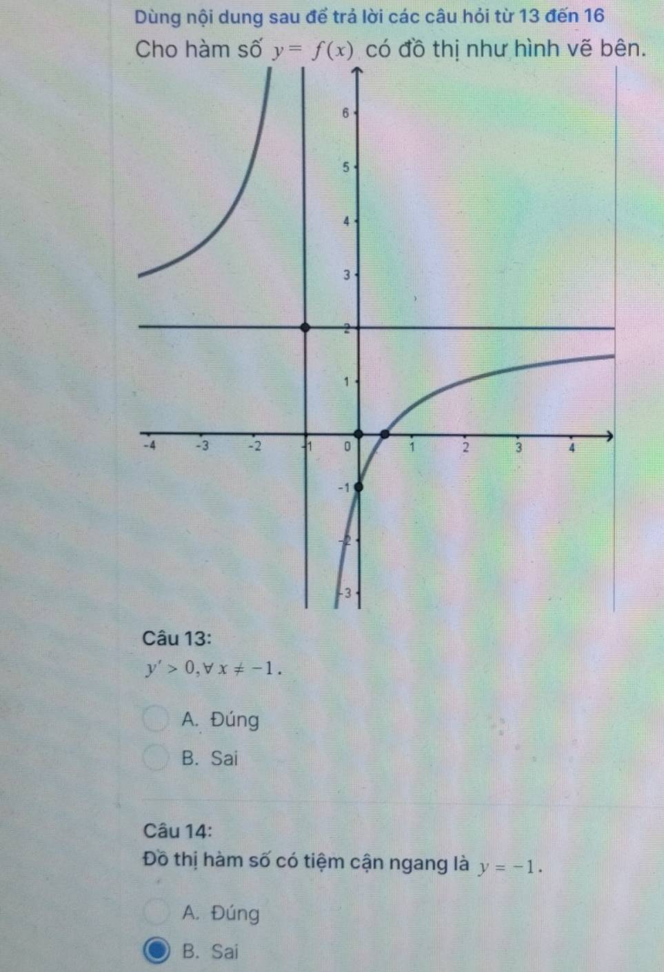 Dùng nội dung sau để trả lời các câu hỏi từ 13 đến 16
Cho hàm số y=f(x) có đồ thị như hình vẽ bên.
Câu 13:
y'>0, forall x!= -1.
A. Đúng
B. Sai
Câu 14:
Đồ thị hàm số có tiệm cận ngang là y=-1.
A. Đúng
B. Sai