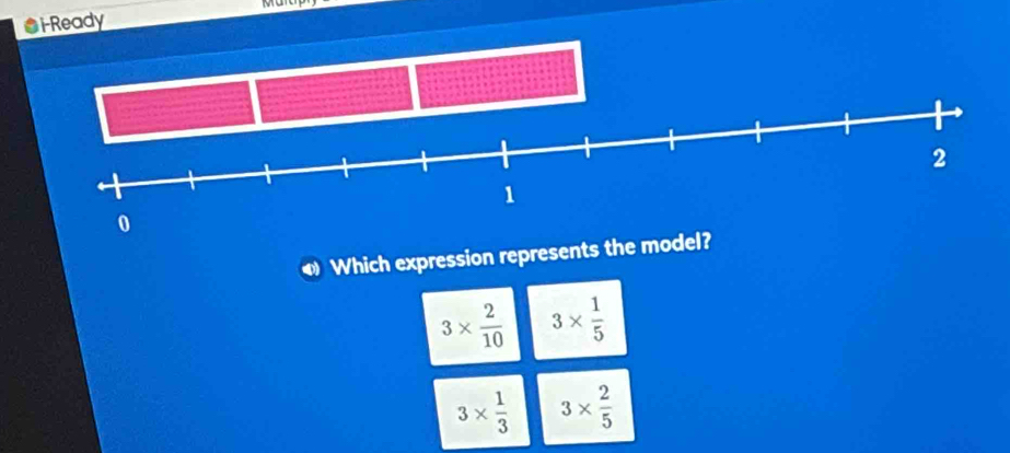 Marc
@i-Ready
Which expression represents the model?
3*  2/10  3*  1/5 
3*  1/3  3*  2/5 