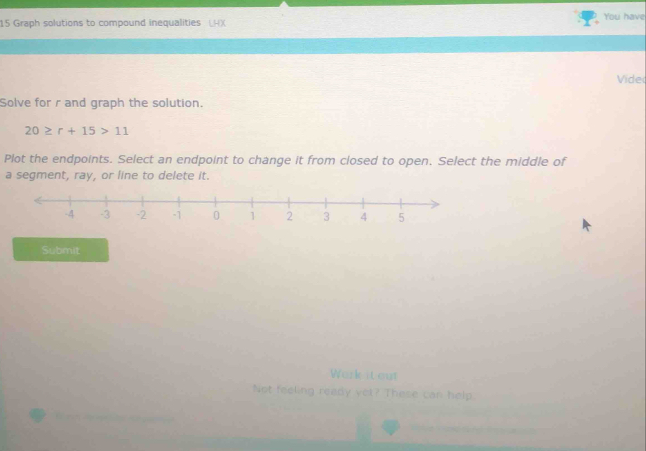 Graph solutions to compound inequalities LHX You have 
Vide 
Solve for r and graph the solution.
20≥ r+15>11
Plot the endpoints. Select an endpoint to change it from closed to open. Select the middle of 
a segment, ray, or line to delete it. 
Submit 
Work it out 
Not feeling ready yet? These can help