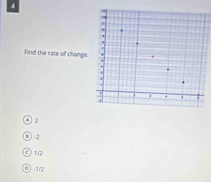 4
η
1
1
Find the rate of change. s
s
4
2
1
。 , 2 3 4 5
4
A 2
B 2
1/2
D -1/2