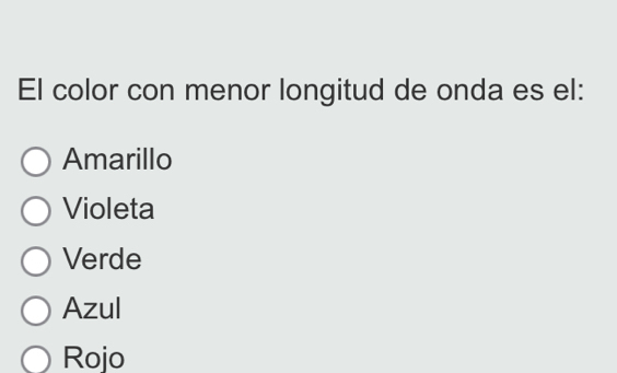 El color con menor longitud de onda es el:
Amarillo
Violeta
Verde
Azul
Rojo