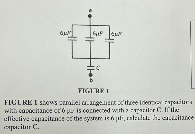 FIGURE 1 
FIGURE 1 shows parallel arrangement of three identical capacitors 
with capacitance of 6 μF is connected with a capacitor C. If the 
effective capacitance of the system is 6 μF, calculate the capacitance 
capacitor C.