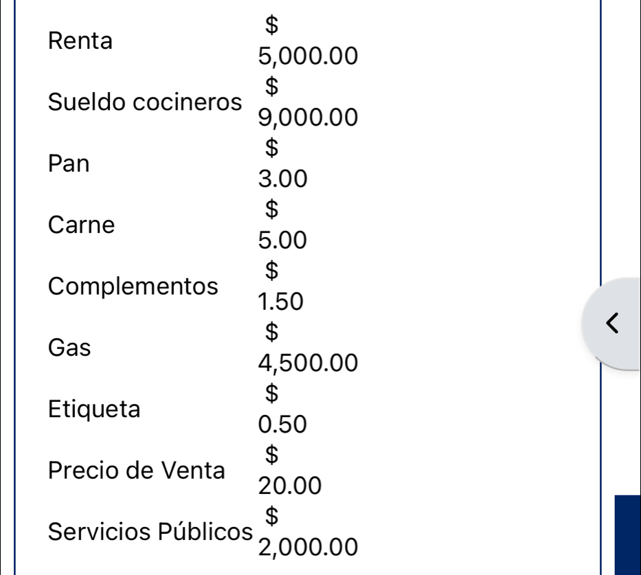 $ 
Renta
5,000.00
$
Sueldo cocineros
9,000.00
$
Pan
3.00
$
Carne
5.00
$
Complementos
1.50
$ < 
Gas
4,500.00
$
Etiqueta
0.50
$
Precio de Venta 20.00
$
Servicios Públicos 2,000.00