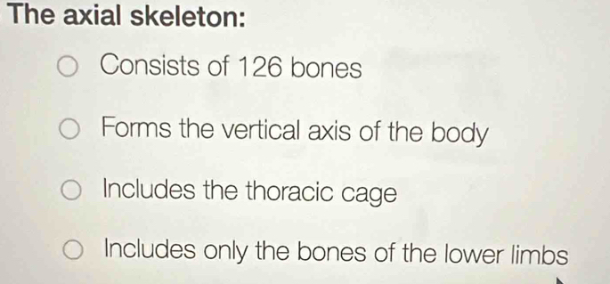 The axial skeleton:
Consists of 126 bones
Forms the vertical axis of the body
Includes the thoracic cage
Includes only the bones of the lower limbs