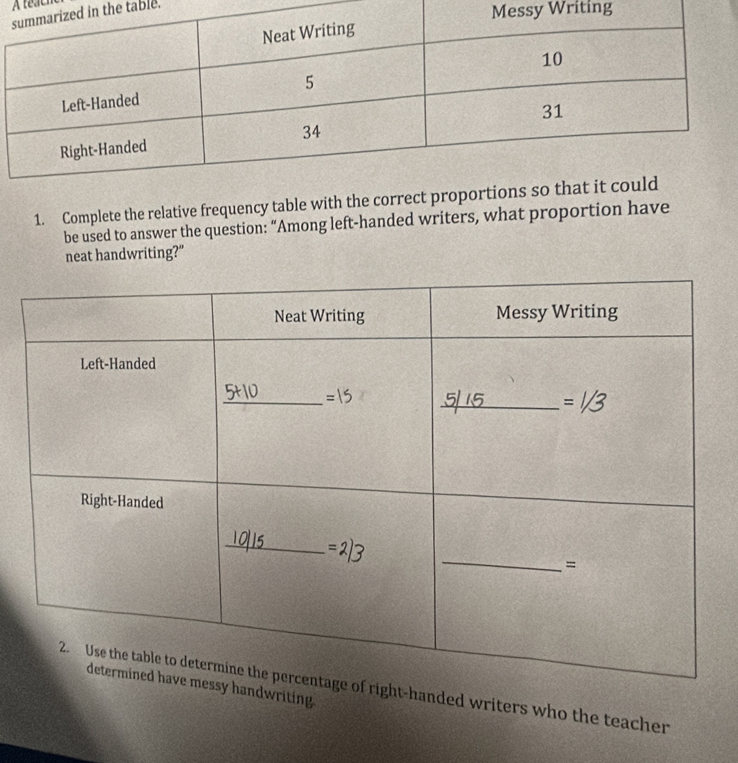 A téachc
in the table.
Writing
1. Complete the relative frequency table with the correct
be used to answer the question: “Among left-handed writers, what proportion have
neat handwriting?”
writing
anded writers who the teacher