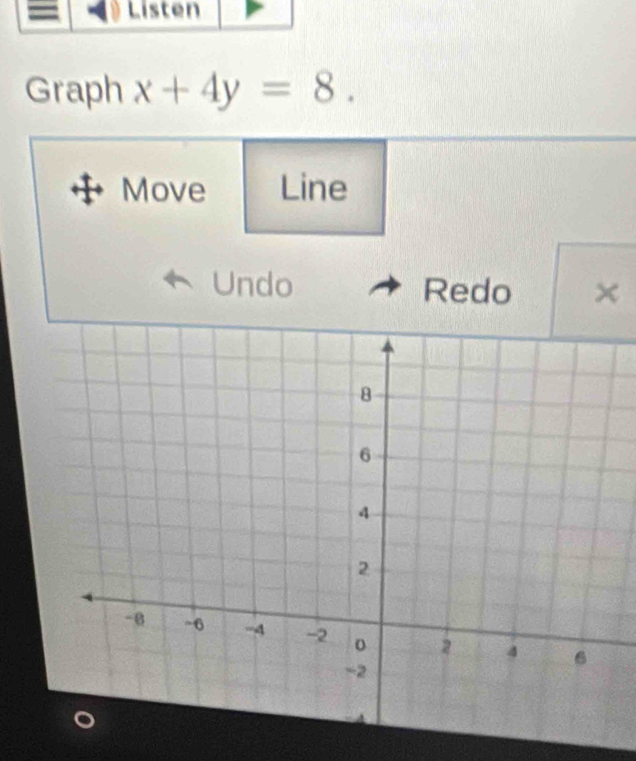 Graph x+4y=8. 
Move Line 
Undo Redo ×