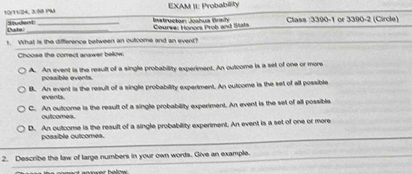 Solved: 10/T1/N, 3:50 PM EXAM II: Probability Student: _ Instructor ...