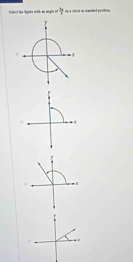 Select the figure with an angle of  2π /3  on a circle in standard position.
y
。
-x