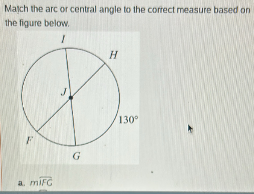 Match the arc or central angle to the correct measure based on
the figure below.
a. mwidehat IFG