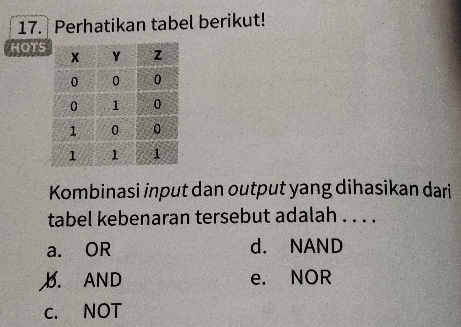 Perhatikan tabel berikut!
HOTS
Kombinasi input dan output yang dihasikan dari
tabel kebenaran tersebut adalah . . . .
a. OR
d. NAND
B. AND e. NOR
c. NOT