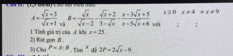 Cầu H: (1,5 tiểm) Cho nài biểu thức
x≥ 0 x!= 4!= x!= 9
A= (sqrt(x)+3)/sqrt(x)+1 _vaB= sqrt(x)/sqrt(x)-2 - (sqrt(x)+2)/3-sqrt(x) - (x-3sqrt(x)+5)/x-5sqrt(x)+6  với ; 
1 Tính giá trị của 4 khi x=25. 
2) Rút gọn B. 
3) Cho P=A:B. Tìm *đề 2P=2sqrt(x)-9.