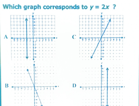 Which graph corresponds to y=2x ? 
A C 
B 
D