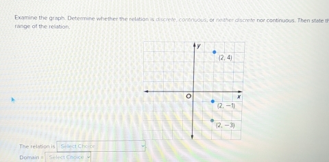 Examine the graph. Determine whether the relation is discrefe, continuous, or neither discrete nor continuous. Then state th
range of the relation.
The relation is Select Choice
Domain = Select Choice