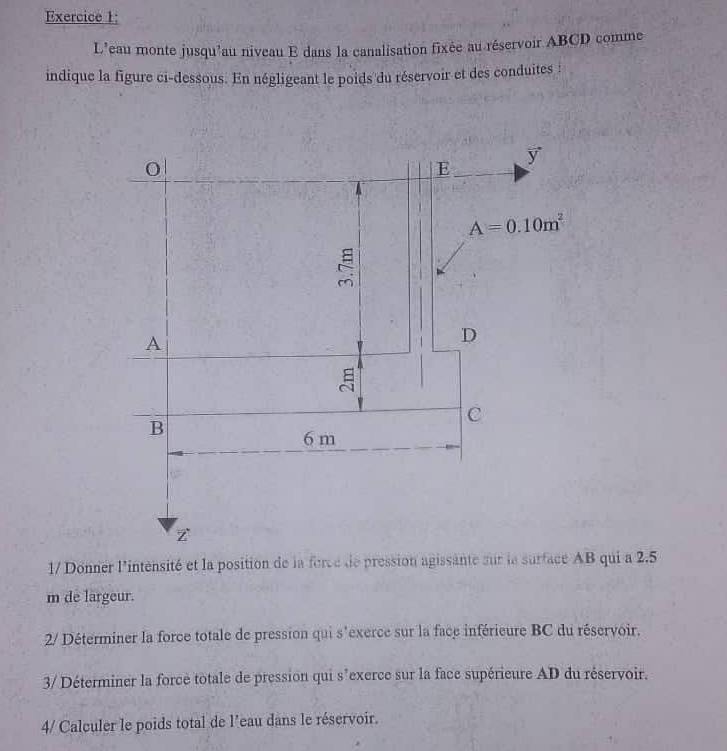 L'eau monte jusqu’au niveau E dans la canalisation fixée au réservoir ABCD comme
indique la figure ci-dessous. En négligeant le poids du réservoir et des conduites :
1/ Donner l'intensité et la position de la force de pression agissante sur la surface AB qui a 2.5
m de largeur.
2/ Déterminer la force totale de pression qui s'exerce sur la face inférieure BC du réservoir.
3/ Déterminer la force totale de pression qui s'exerce sur la face supérieure AD du réservoir.
4/ Calculer le poids total de l’eau dans le réservoir.