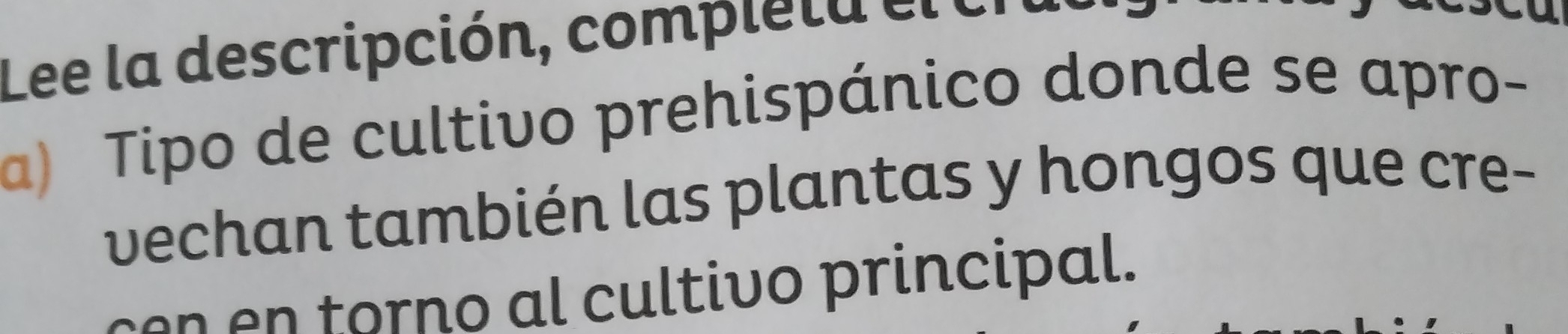 Lee la descripción, com p i t a e e 
a) Tipo de cultivo prehispánico donde se apro- 
vechan también las plantas y hongos que cre- 
cen en torço al cultivo principal.