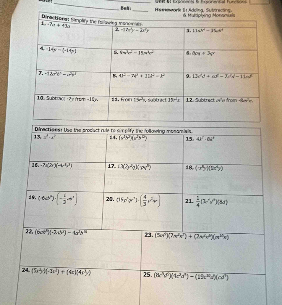 Unit &: Exponents & Exponential Functions
_
Bell: