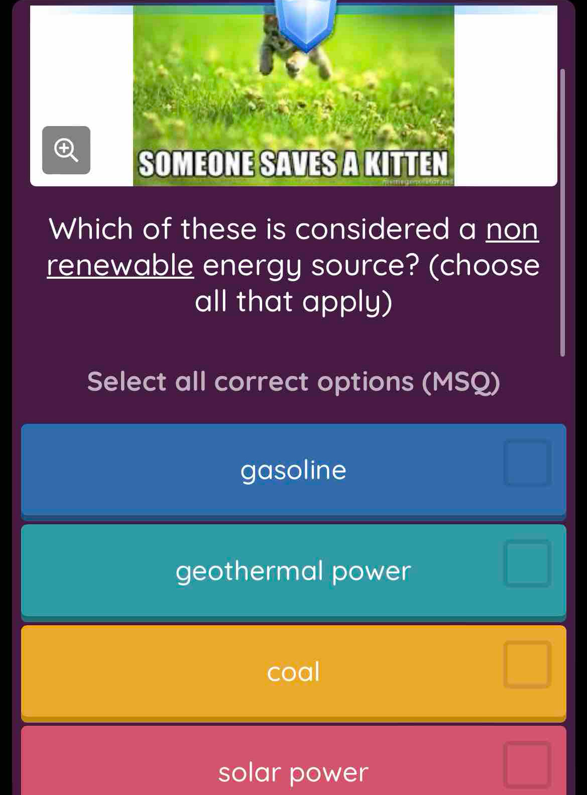 SOMEONE SAVES A KITTEN
Which of these is considered a non
renewable energy source? (choose
all that apply)
Select all correct options (MSQ)
gasoline
geothermal power
coal
solar power