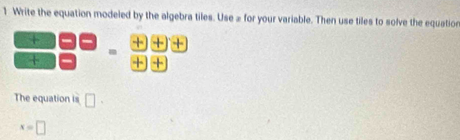 Write the equation modeled by the algebra tiles. Use æ for your variable. Then use tiles to solve the equation 
+ 
+ + = 
- 
+ 
+ 
The equation is □
x=□