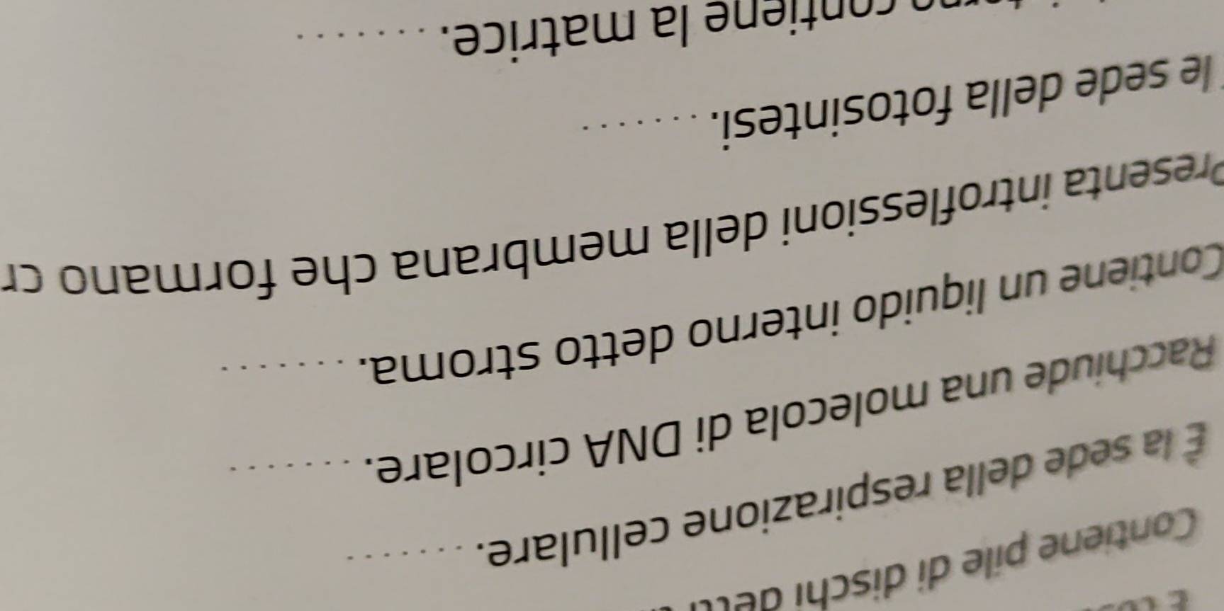 Contie e i i i d 
À la sede della respirazione cellulare._ 
Racchiude una molecola di DNA circolare._ 
Contiene un liquido interno detto stroma._ 
Presenta introflessioni della membrana che formano cr 
le sede della fotosintesi. . .. . . . . 
c ntie e la matrice._