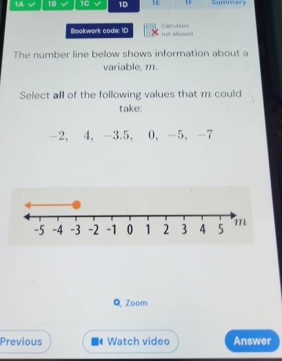 1A 1B 1C 1D 1E 11 Summary 
Calculator 
Bookwork code: 1D not allowed 
The number line below shows information about a 
variable, m. 
Select all of the following values that m could 
take:
-2, 4, -3.5, 0, -5, -7
Q Zoom 
Previous Watch video Answer