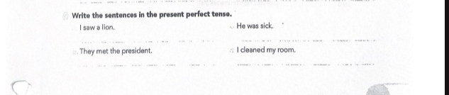 Write the sentences in the present perfect tense. 
I saw a lion. He was sick. 
__ 
They met the president. I cleaned my room. 
_ 
_