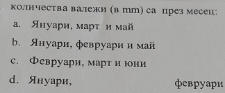 количества валежи (в тm) са през месец:
а. Януари, марτ и май
b. Януари, февруари и май
C. Февруари, март и юни
d. Януари, февруари