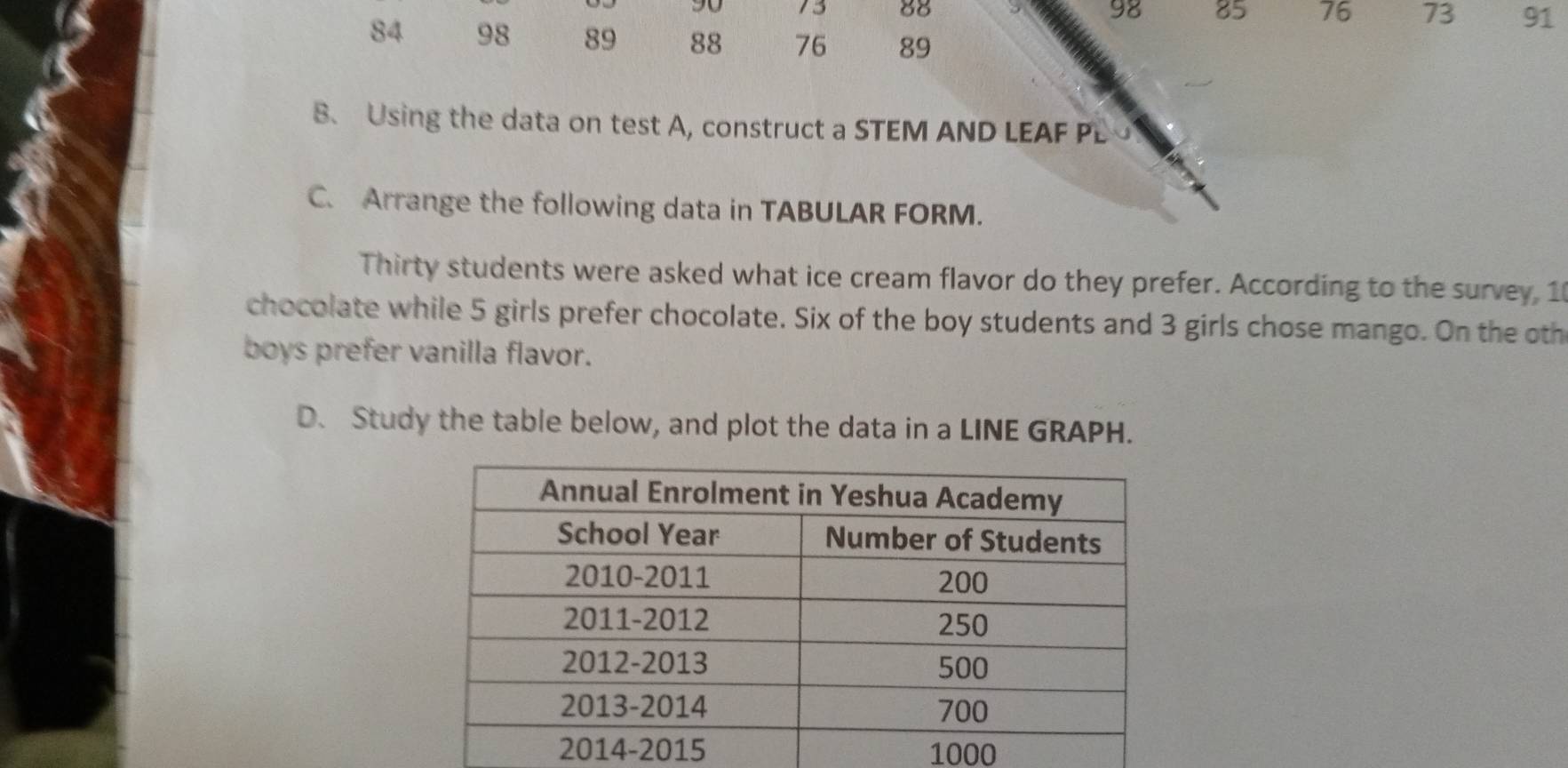 90 73 88 a 98 85 76 73 91
84 98 89 88 76 89
B. Using the data on test A, construct a STEM AND LEAF PL 
C. Arrange the following data in TABULAR FORM. 
Thirty students were asked what ice cream flavor do they prefer. According to the survey, 1
chocolate while 5 girls prefer chocolate. Six of the boy students and 3 girls chose mango. On the oth 
boys prefer vanilla flavor. 
D. Study the table below, and plot the data in a LINE GRAPH.
1000